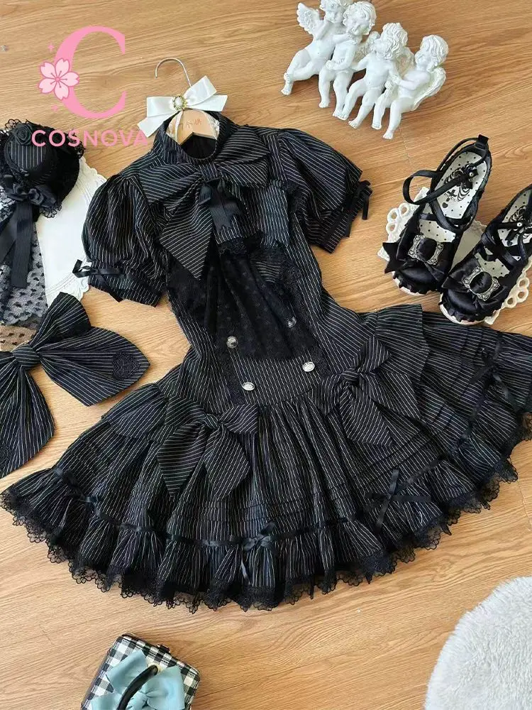French Romantic Lolita Dress Spring Summer New Gothic Stripe Elegant Big Bow Lace High Neck Waist Cinching Tiered Cake Dress Y2k