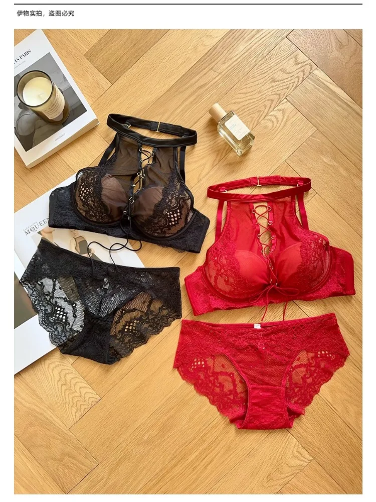 Luxury French Lace Halter Bra Small Chest Push-Up Sheer Bralette Seductive Allure Black Lingerie Set Wire-Free Comfort MOYISU