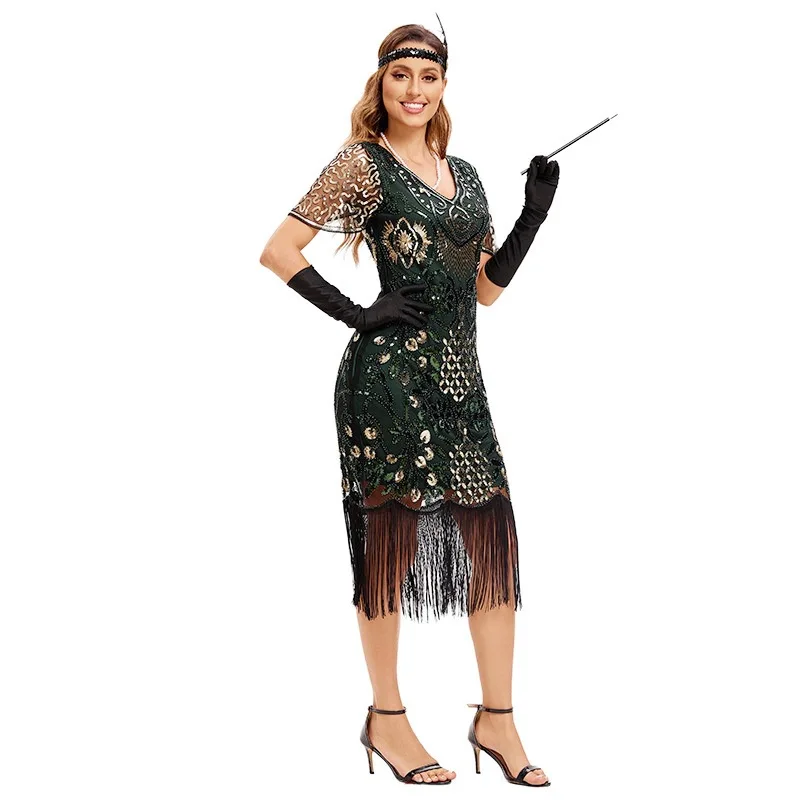 Retro 920s Women's Dr Glitter Performance Gown Mid-Length High-Waisted Polyester Fabric Zipper Sle Faionable Spring C...