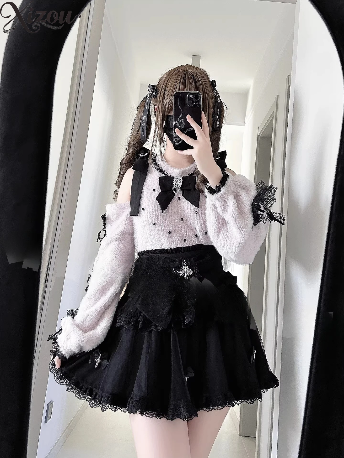 

Комплект из двух предметов: свитер-рубашка в стиле Y2K и юбка, весна 2026, японский розовый свитер с открытыми плечами и юбка с завышенной талией, костюм с бантом