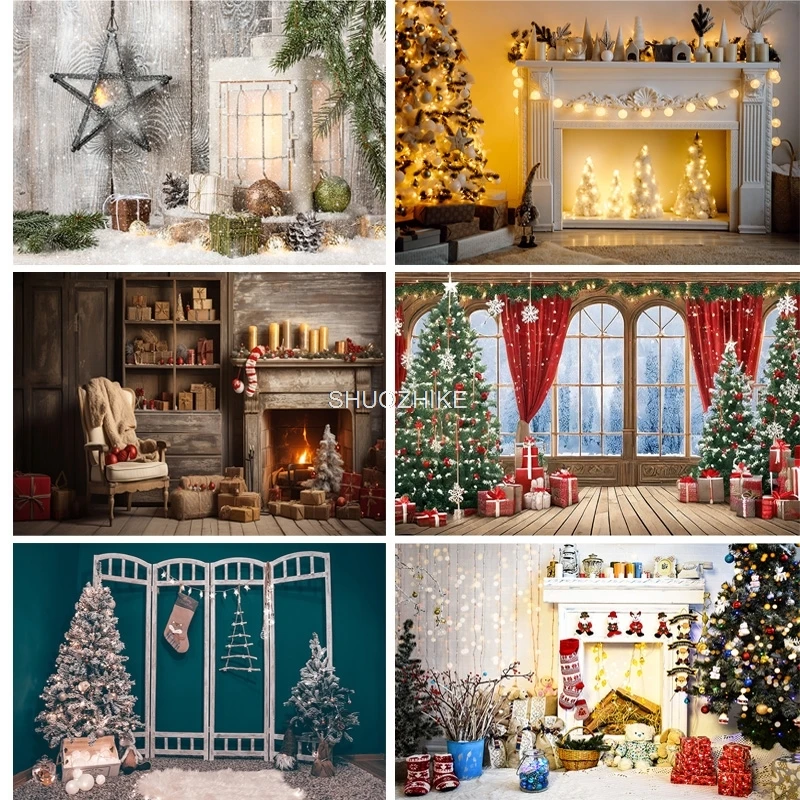 

Christmas Day Photography Backdrops Prop Fireplace Window Winter Xmas Tree Decoration Flower Garland Wood Door Background JU-05