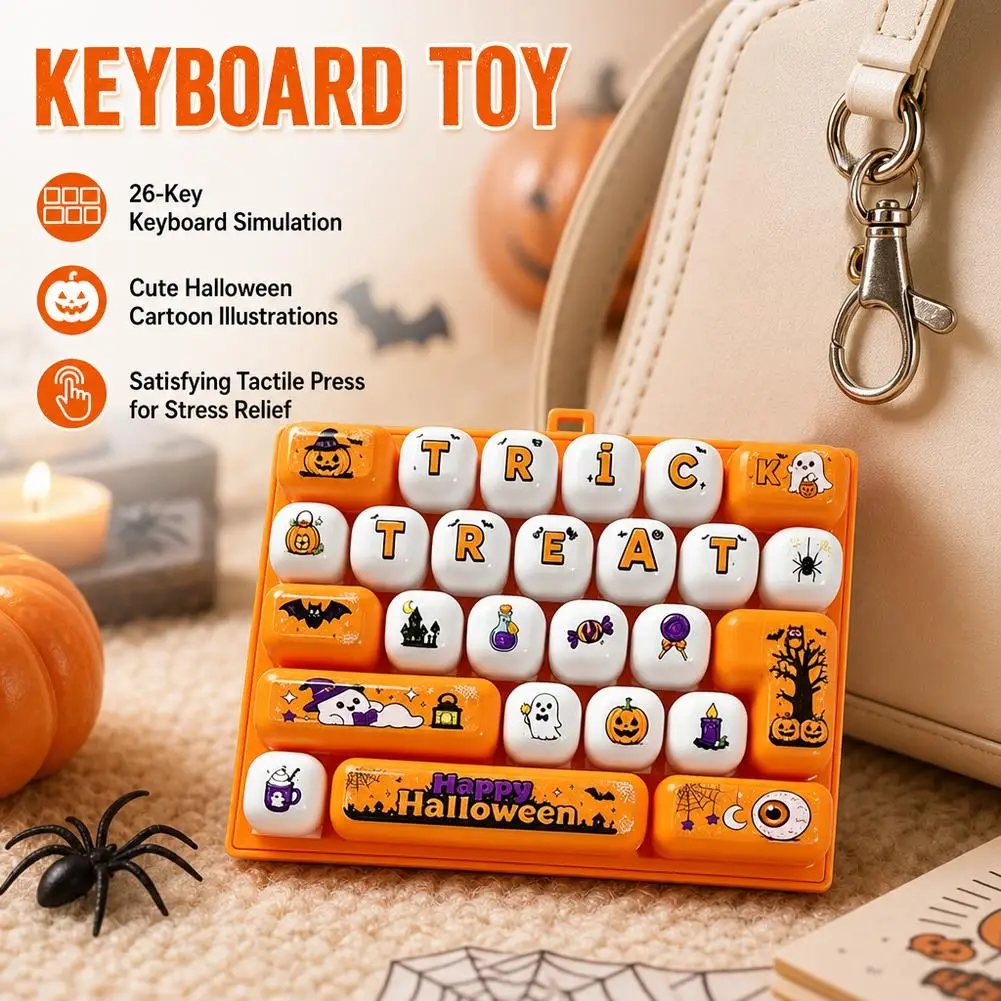 Halloween Cute Cartoon 26 Keys Fidget Toys Keyboard Keychain Soft Silicone Stress Relief Kids Party Gift Backpack Decor