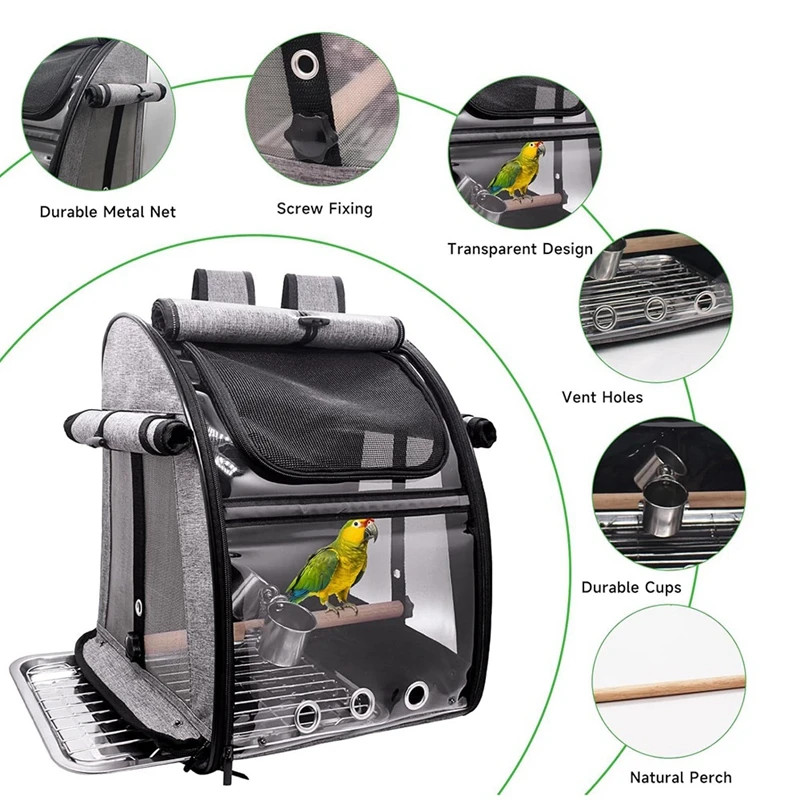 Bird Carrier Backpack with Perch Portable Transparent Travel Bag Stainless Steel Plate Mesh for Outdoor