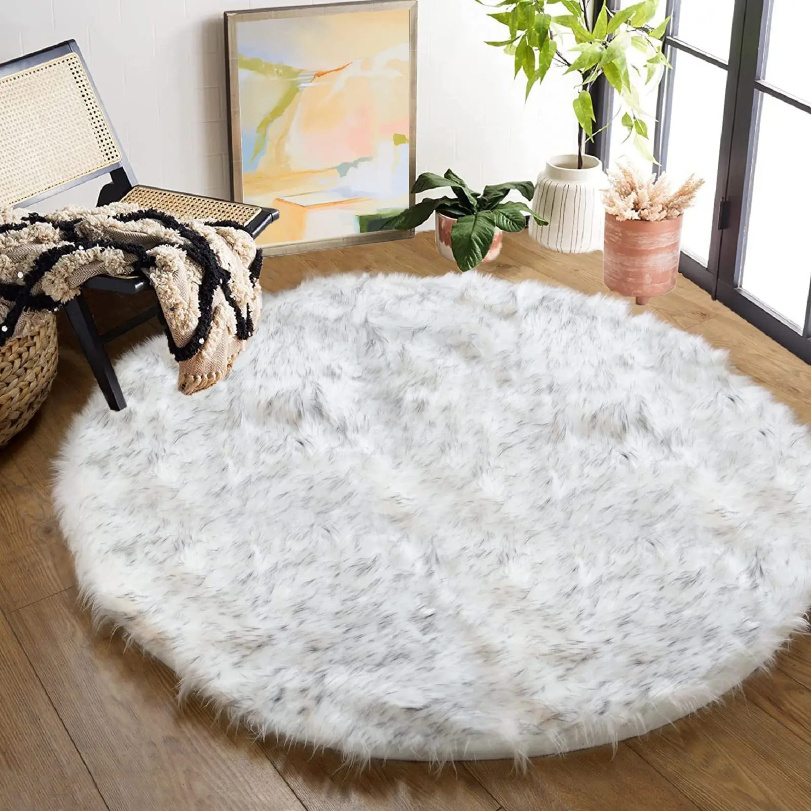 Grey White Washable Shaggy Round Rug Circle Faux Sheepskin Furry Fur Carpet For Living Room Bedroom Nursery Area Rug Home Decor