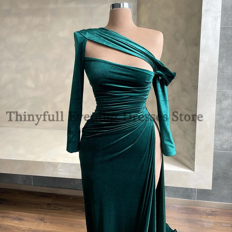 Thinyfull สีเขียว Mermaid Prom Dresses ไหล่กำมะหยี่สูงแยกชุดราตรีซาอุดีอาระเบียชุดเดรสแขนยาวคอวีขนาดที่กำหนดเอง