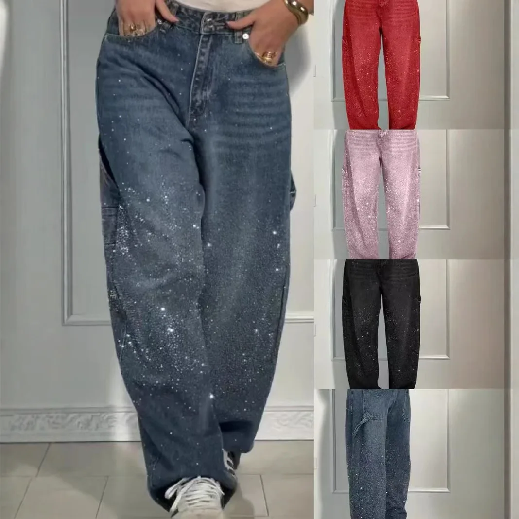 New women's pants 2026 European and American fashion star studded jeans casual pants for women