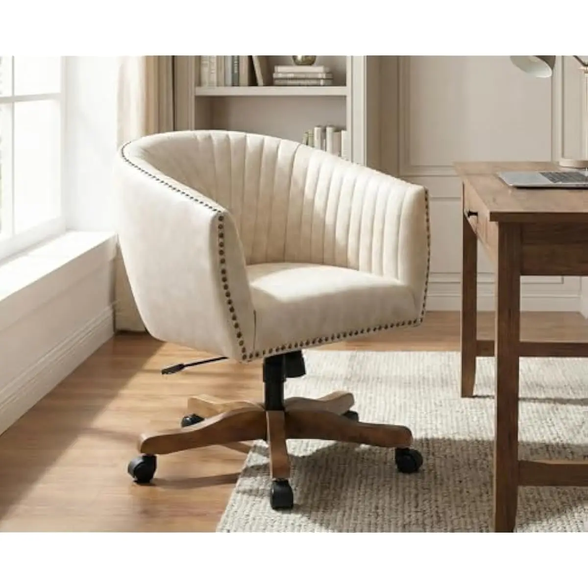 Beige Faux Leather Swivel Desk Chair with Mid-Back Support Tufted Cushion Silent Casters Adjustable Height Barrel Design for Hom