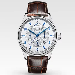 Parnis 26 Jewels Luxury 42mm Moon Phase Automatic Men Watches Leather Strap Miyota 9100 Blue DIal Power Reserve