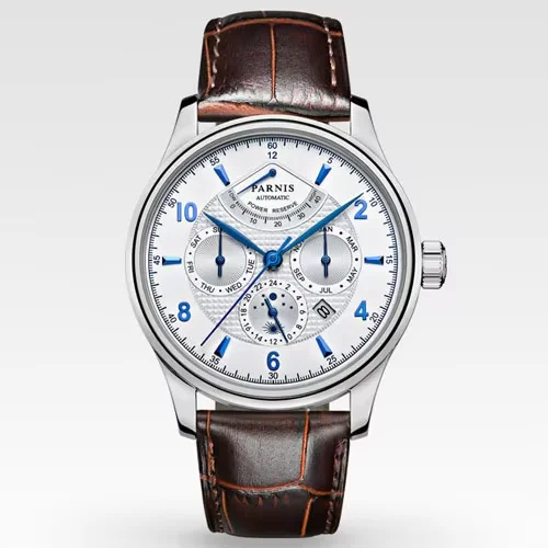Parnis 26 Jewels Luxury 42mm Moon Phase Automatic Men Watches Leather Strap Miyota 9100 Blue DIal Power Reserve