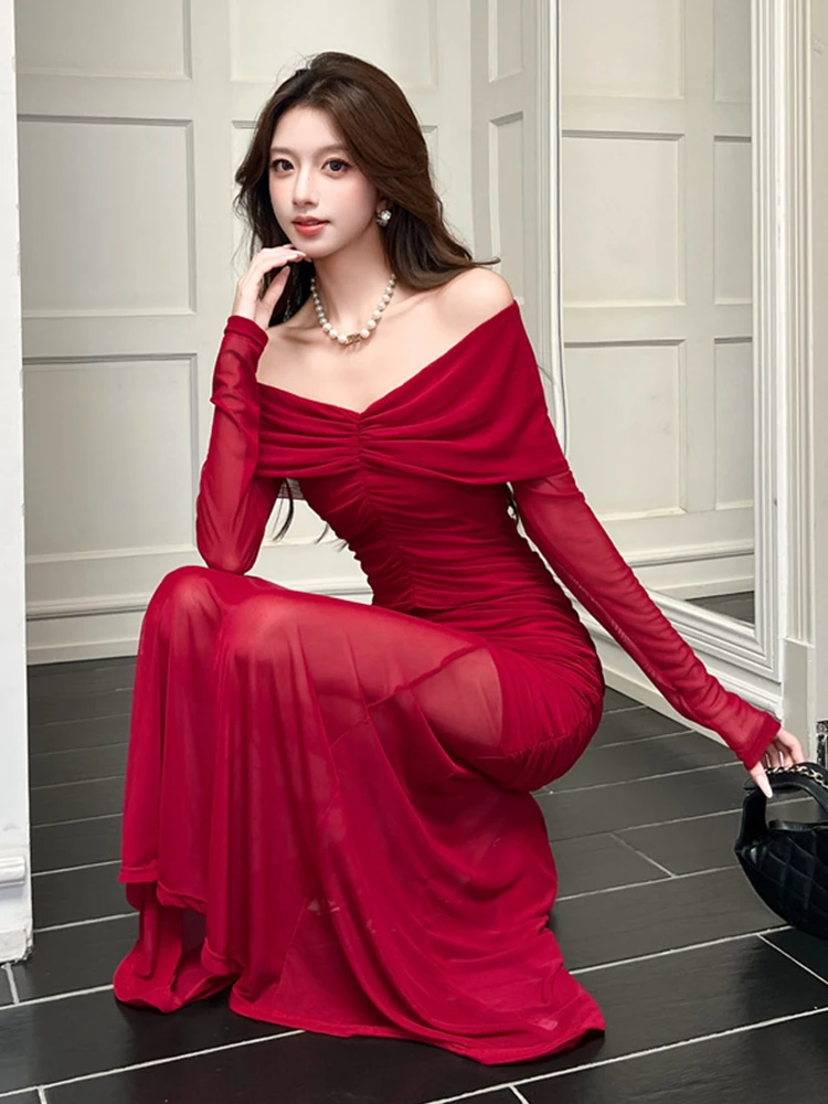 Femmes vêtements soirée rouge maille pure Sexy épaules dénudées maigre longue Robe élégante dame mode fête robes Robe de noël nouveau