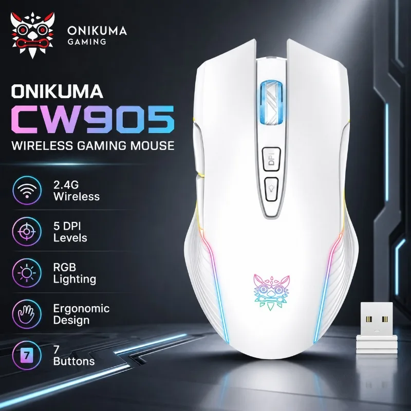 ONIKUMA CW905 Wireless/Wire Gaming Mouse 3600 DPI 2.4G RGB Rechargeable 700mAh 7 Button Optical Mice for Desktop Laptop PC Gamer