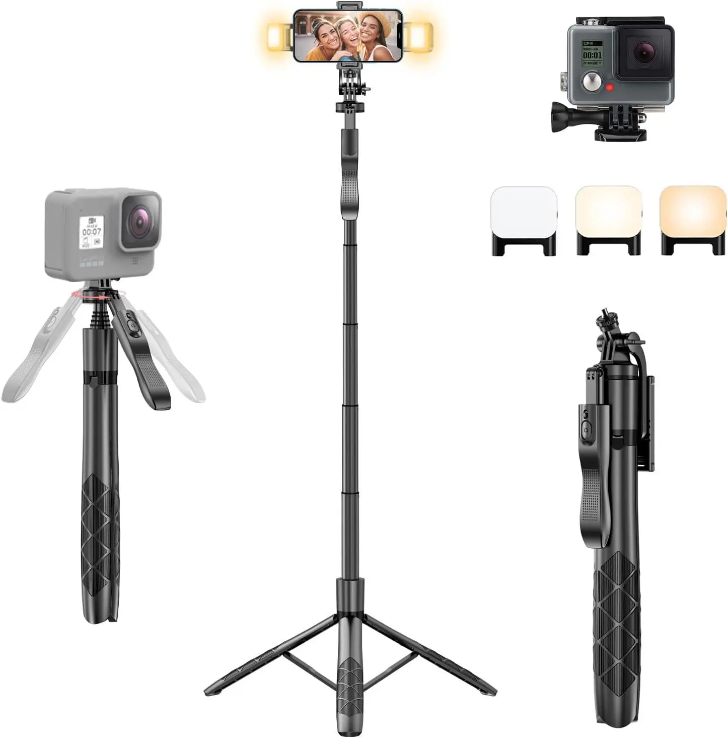 Selfie Stick Tripod for Phone with Light - 62 Phone Holder for Recording Selfie Stick Tripod Rotating Phone Stand Tall