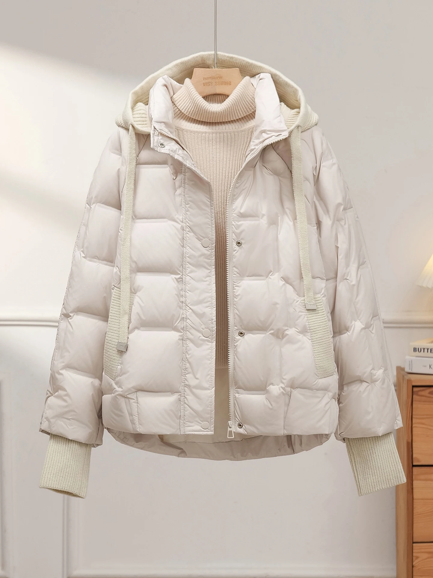 شتاء جديد المرأة ort Thiened مقنعين أسفل Jaet خفيفة الوزن الأبيض دو ريشة الكفة المرنة Sve ملابس خارجية #2