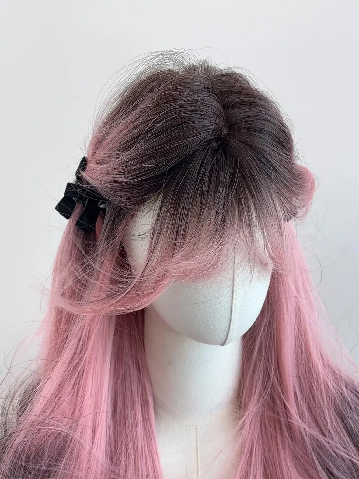 Wig female long hair pink gradual change black high layering simulation human long curly hair full headgear