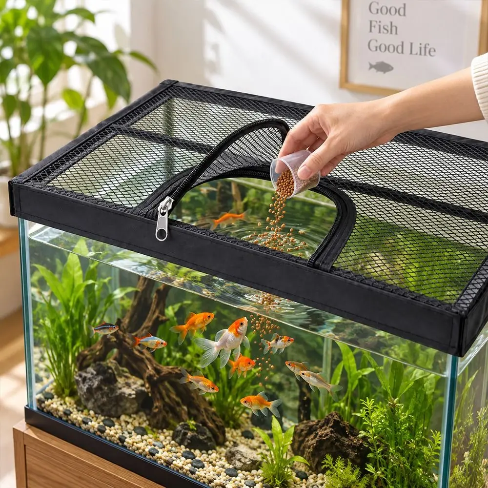 Black Aquarium Mesh Cover Fine Mesh Zippered Feeding Opening Fish Tank Net Lid Anti-Jump Fish Tank Top Protective Cover