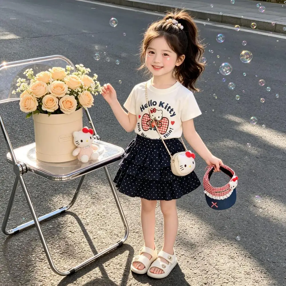 

Sanrio Hello Kitty Girls Suit Summer New Korean Western Style Kids Cake Skirt Short Sleeve T-Shirt 2Pc Set Children's Clothing