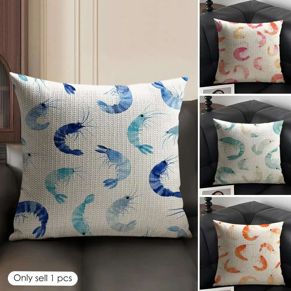 Shrimp Patterns Cushion Cover Linen Organic Fabric Double-Sided Printing Sofa Breathable Home Decor Gift Pillow Case