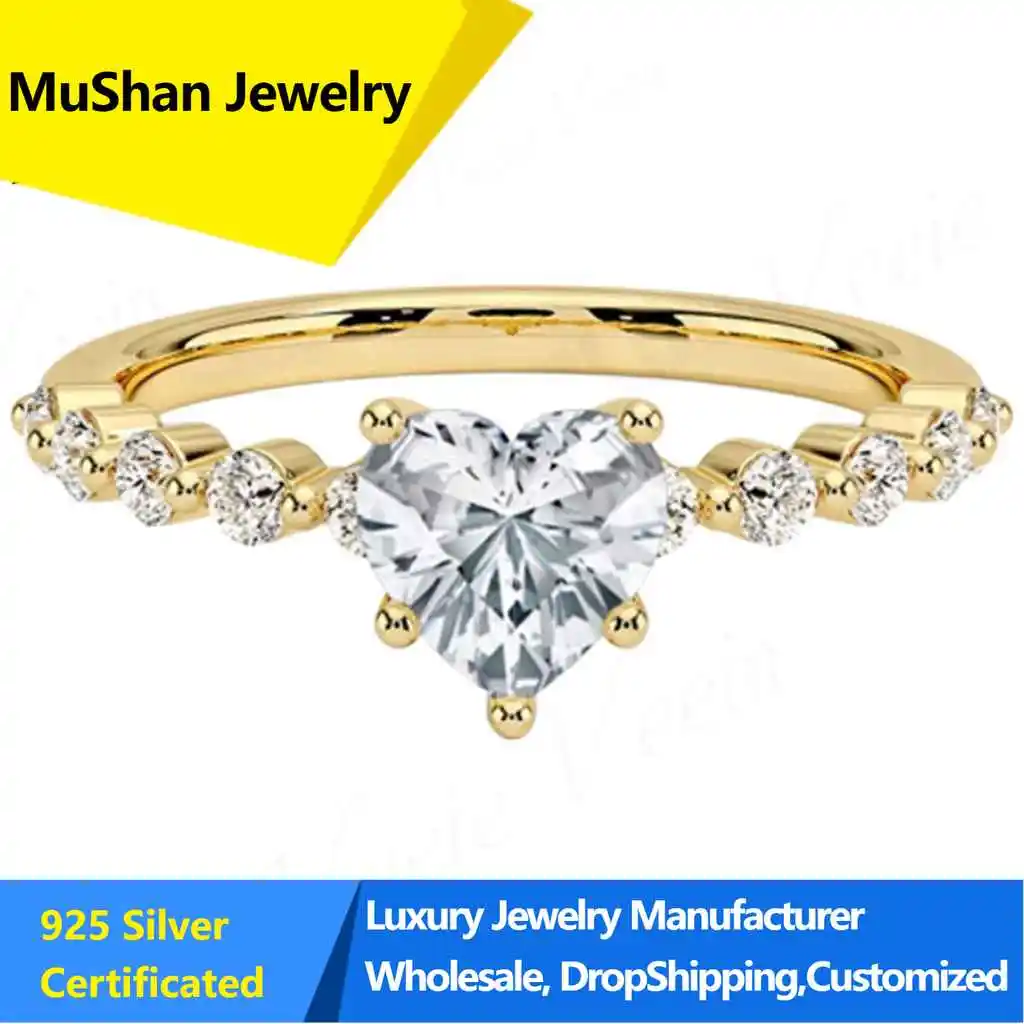 MuShan Jewelry S925 Sterling Silver Cultured Diamond Ring 1 Carat Heart Shape Cultured Diamond Ring Fashion Wedding Ring 10