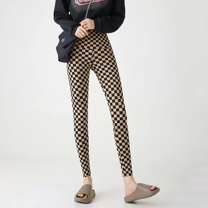 

H2902Женские брюки в шахматную клетку с девятью точками, весенне-осенние, с высокой талией, слегка расклешенные, облегающие, с контролем живота