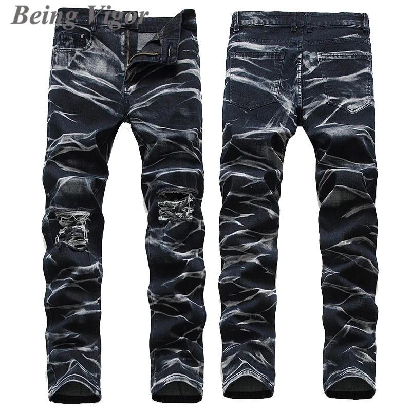 

Being Vigor Fashion Stone Wash Slim Fit Elastic Denim Jeans Pants Tie Dyed Distress Jean hombre Pants Mens Trousers