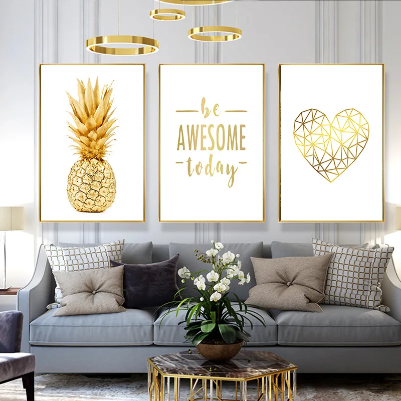 Golden Pineapple Love Simple Letter Painting Core Nordic Style Living Room Decor Aesthetic Sofa Wall Art Canvas painting