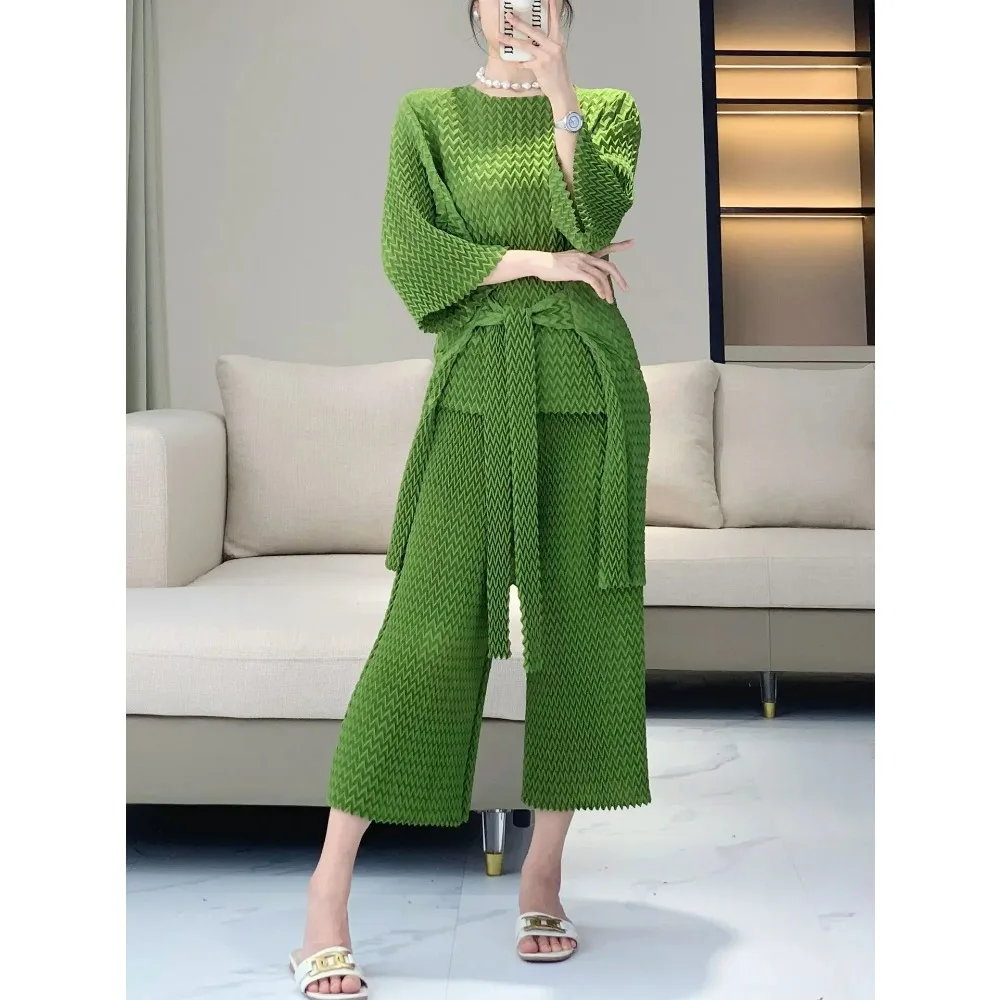 Women's Handmade Pleated Lace Up Long Sleeved Shirt+wide Leg Elastic Pants Casual Style 2024 Autumn New Pants Two-piece Set