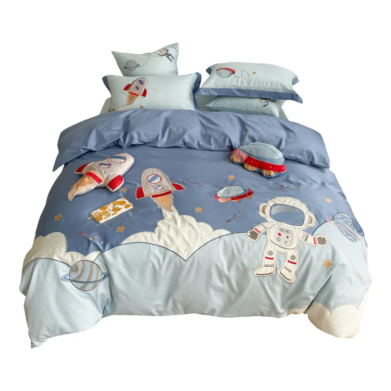 

Cartoon satin long-staple cotton pure cotton four-piece set Children's planet sticker embroidered quilt cover Bedding