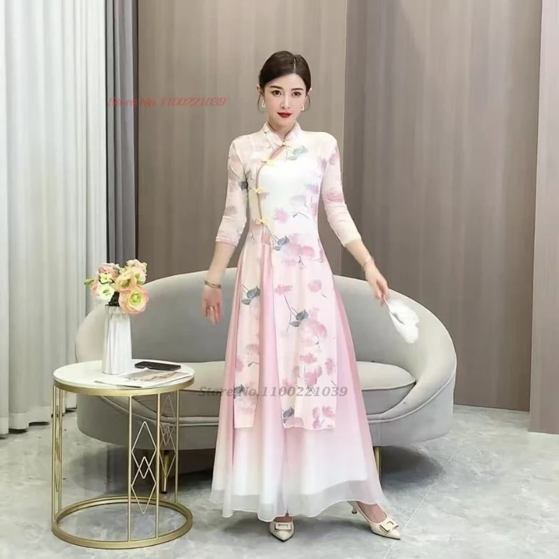 2025 abito da ballo popolare vintage cinese tradizionale stampa floreale maglia qipao top + pantaloni allenamento pratico per spettacoli teatrali retrò