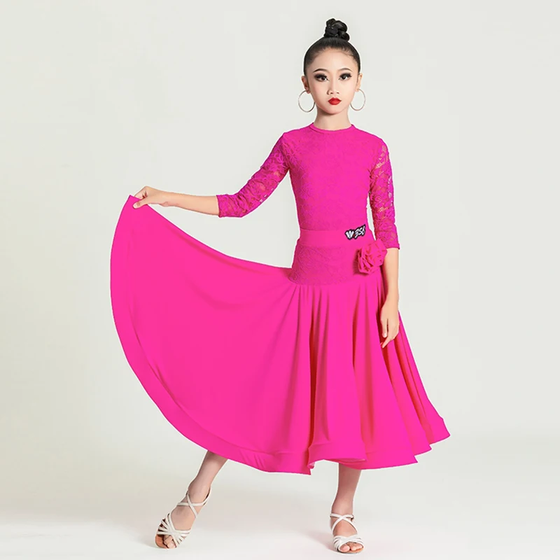 

Children Ballroom Dance Clothes Girl Modern Standard Dance Performance Wear Lace Sleeve Dance Suit Ballroom Practice Skirt 4185