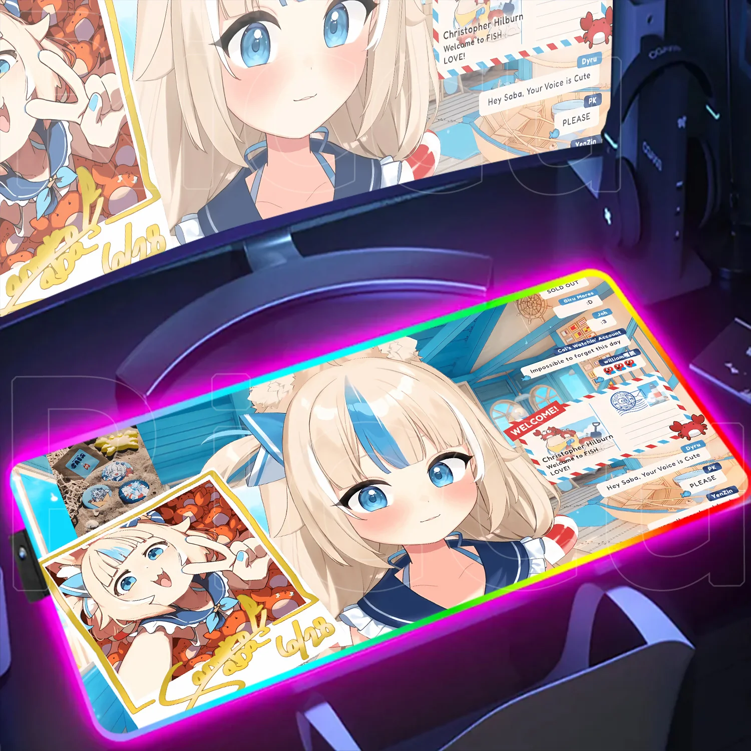

Large LED Colored Light Keyboard Mats PC Computer Carpet XXL Hololive Sameko Saba Mouse Pad RGB Cool HD Printing Gaming Desk Rug