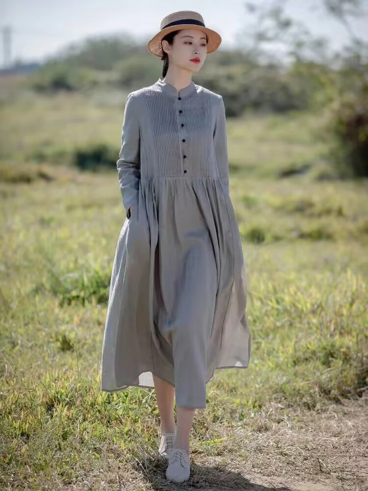 Bawełniane jednolite kolorowe sukienki Vintage dla kobiet 2024 nowa wiosna jesień na co dzień długa moda elegancka sukienka biurowa damska odzież