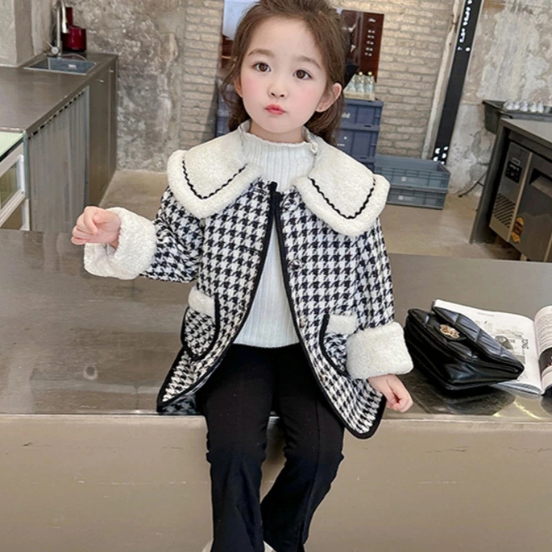 Girls Woolen Coat Jacket Windbreak 2023 Houndstooth Warm Thicken Winter Cotton Overcoat Plus Size Children's Clothing