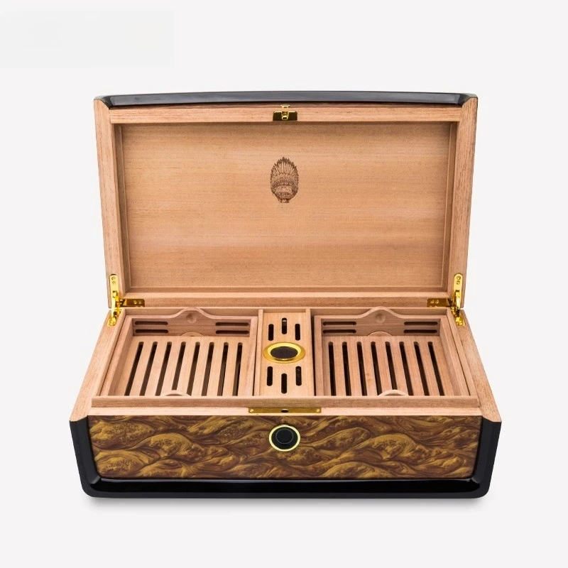 Cedar wood cigar moisturizer 60 pcs fingerprint lock carbon fiber piano paint case