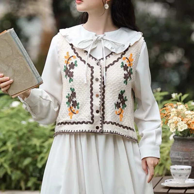 Bloemen Borduren Trui Vest Vrouwen 2023 Nieuwe Lente Herfst Mouwloos Kort Vest Vrouwelijke Prairie Chic Bovenkleding
