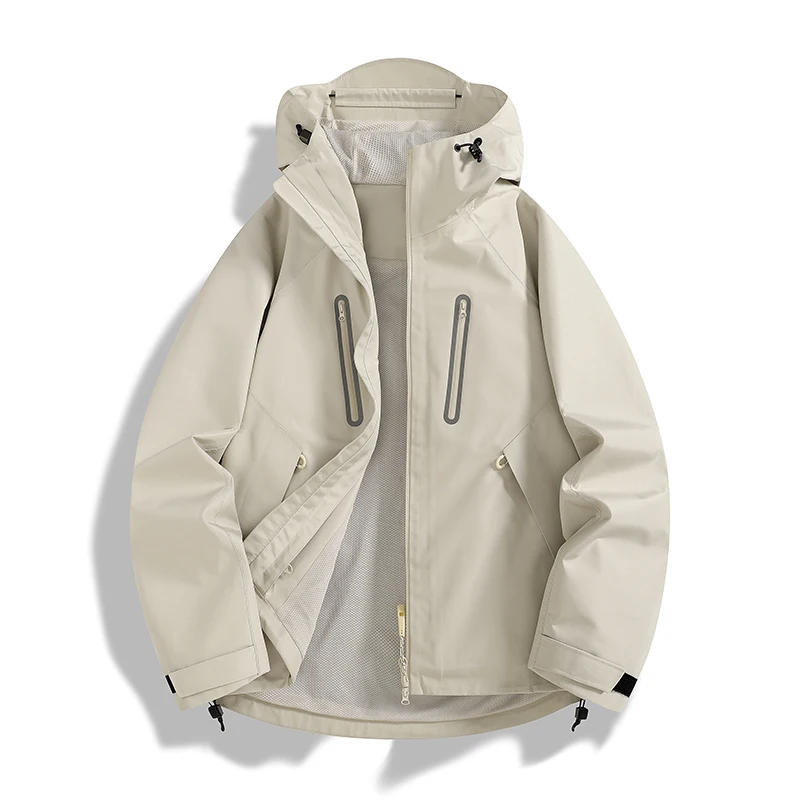 

Men's Hooded Jackets Sports Raincoat Outdoor Reflective Strips Camping Hiking Coat Travel Waterproof Women Windbreaker Black