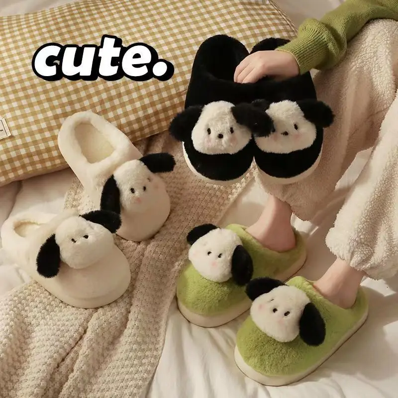 

Anime Pochacco Leopard Print Fur Slippers Kawaii Non-Slip Slippers Cute Cotton Shoes Cartoon House Shoes Plush Slippers Gift