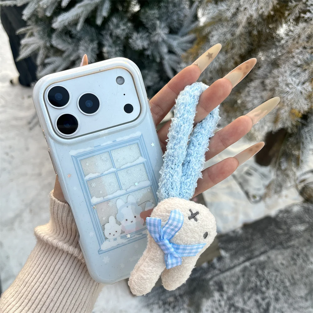 

Winter Snow Bear Rabbit Glitter Phone Case for iPhone 17 Pro 14 15 Pro Max 16 Fundas with Plush Rabbit Strap Cute Protective Cov
