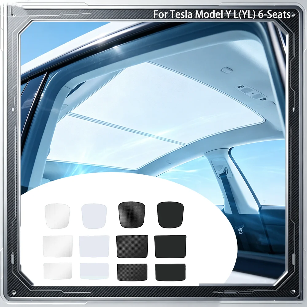 For Tesla Model Y L(YL) 6‑Seats Ice‑Crystal Sunroof Sunshade, UV‑Block Heat‑Insulation Glass Roof Sun Visor Cover Accessories