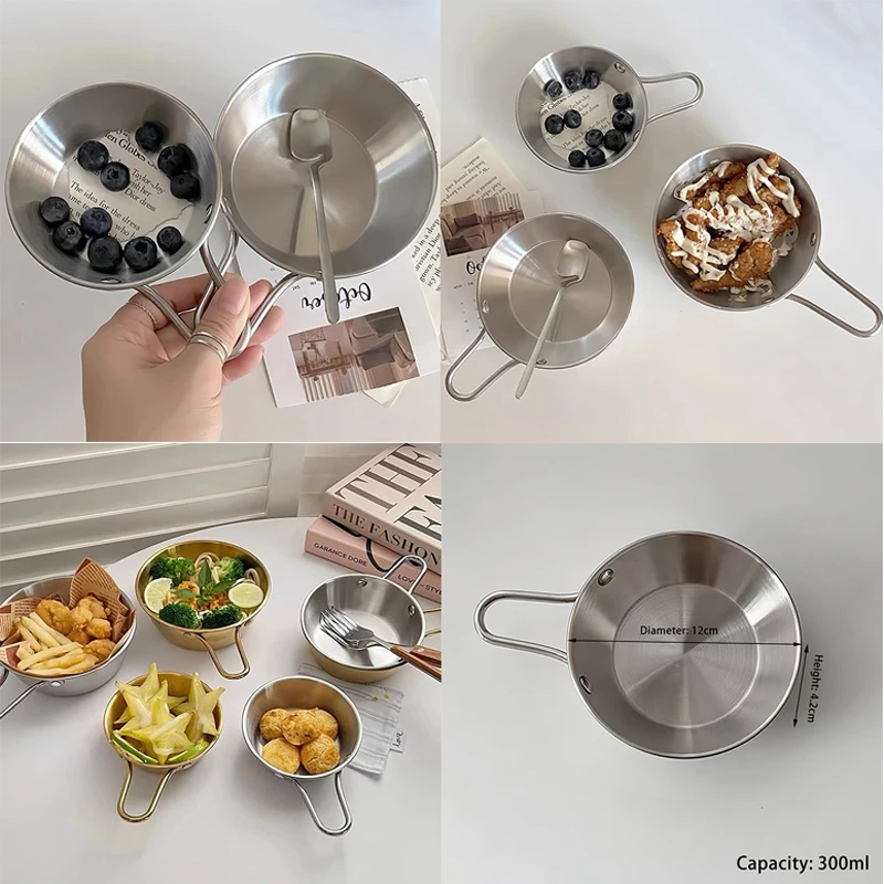 

1 шт., миска для рисового вина из нержавеющей стали в корейском стиле с двойными ушками, прочная тарелка для закусок для мгновенной лапши, домашнего использования на кухне