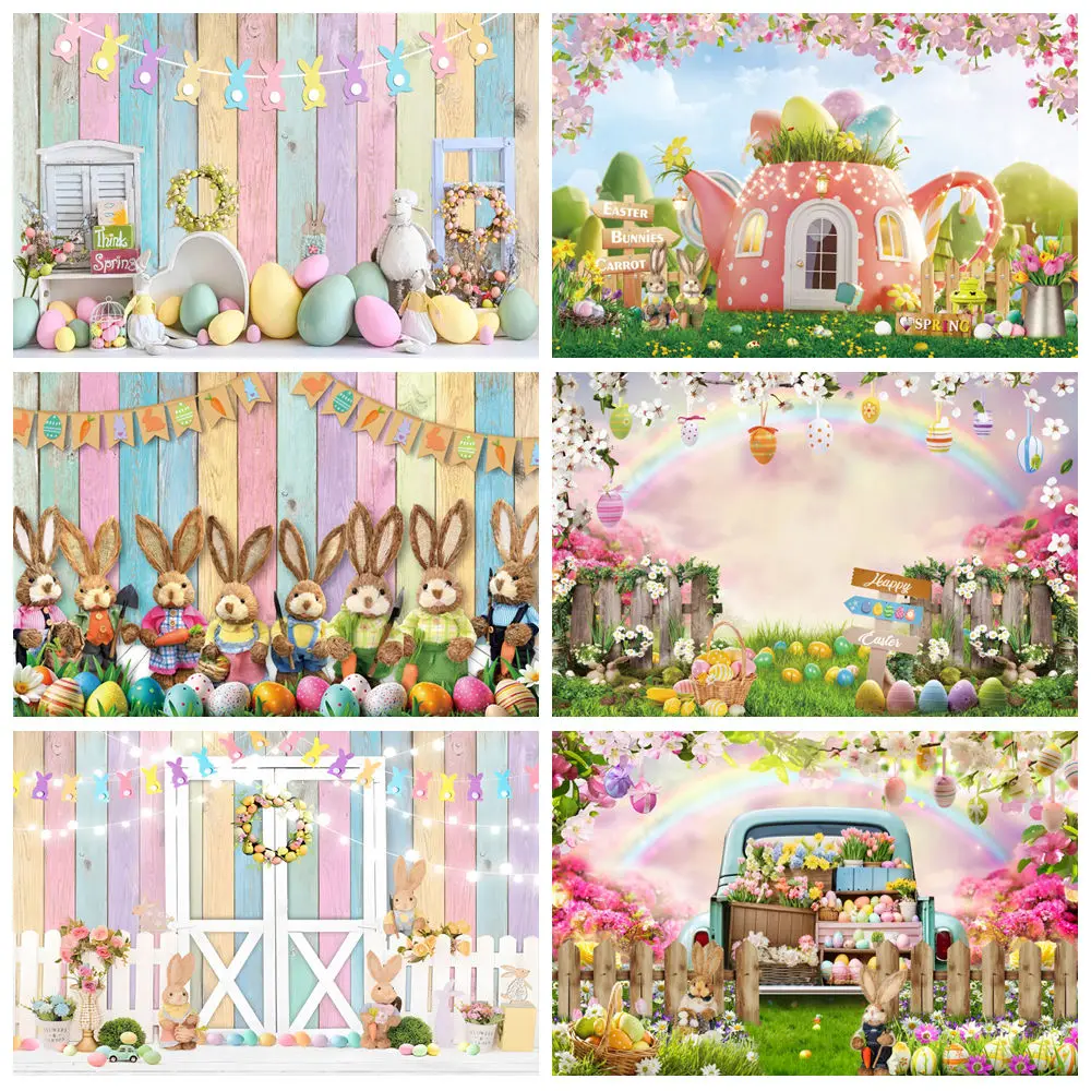 

Happy Spring Easter Backdrops For Photography Retro Wooden Board Flower Garden Rabbit Bunny Eggs Baby Portrait Photo Background