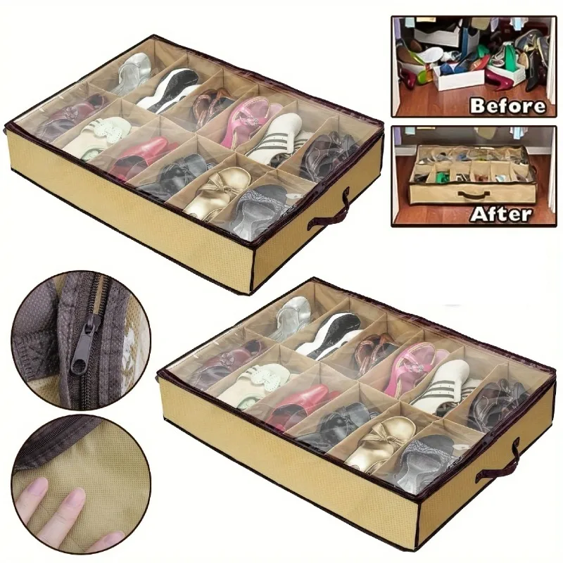 

2/1pcs Space-Saving 12-Grid Shoe Storage Box with Dustproof Clear Cover - Perfect for Bedroom And Wardrobe Storage