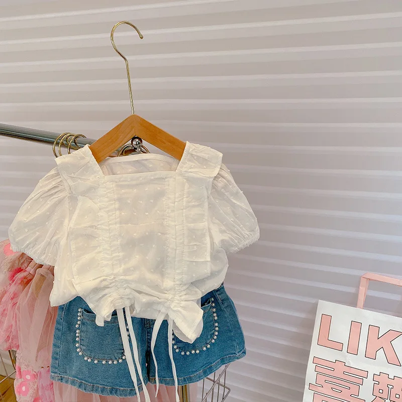 

Summer New Girls Clothes Solid Color Drawstring Top plus Pearl Denim Shorts Two-Piece SetWS