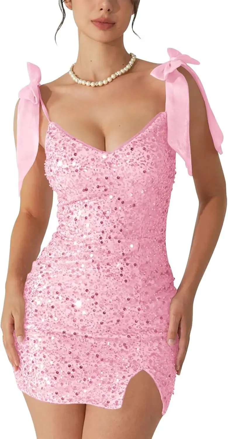

Sequin Mini Homecoming Dresses for Teens 2025 Short Bodycon Cocktail Party Gowns with Bow Straps Graduation Short Prom Dress