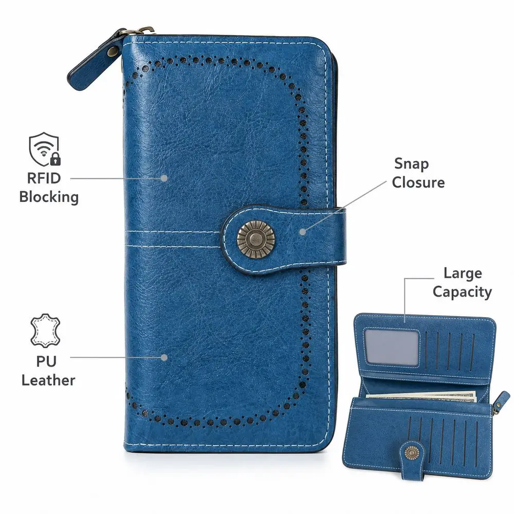 New PU Long Wallet RFID Blocking Vintage Style Coin Wallet Snap Closure Decorative Stitching Cash Storage Card Organization
