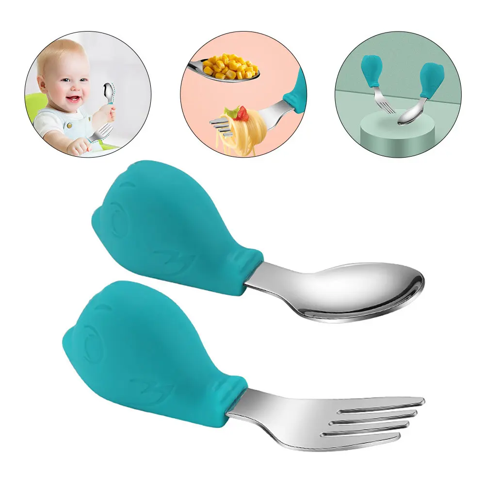 

1Set Food Grade Stainless Steel Silicone Spoons Forks for Babies Heat Resistant Smooth Rounded Spoon Easy Grip Fork for Noodles