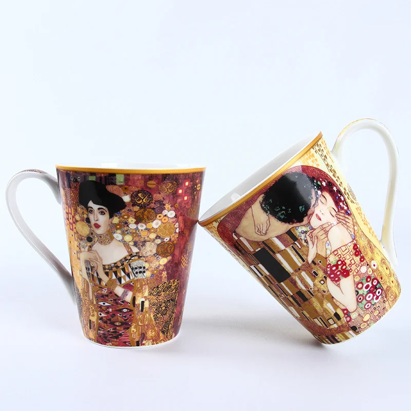 Avalon Bone China Gustav Klimt Famouspaint Oil Painting Art Cup Coffee Teacup Ceramics Milk, Cafe Mug 410Ml, Handgrip Kiss