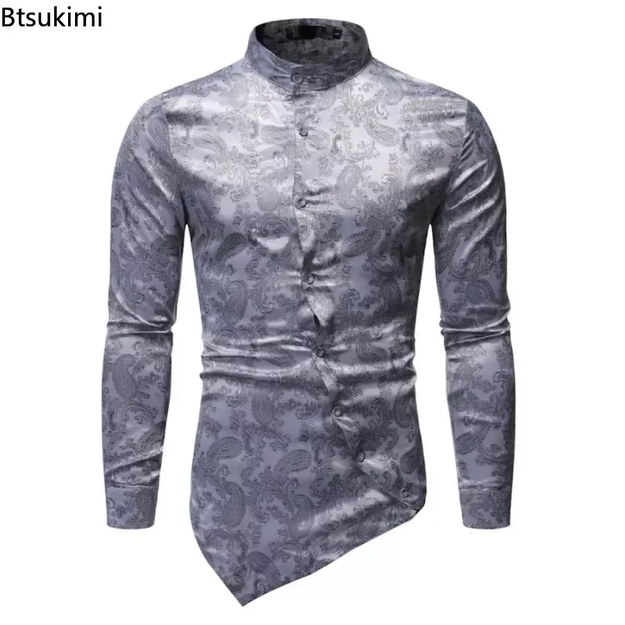 2026 Men\'s Irregular Oblique Hem Shirts Fashion Printed Stand Collar Button Long Sleeve Shirts Slim Casual Social Shirts for Men