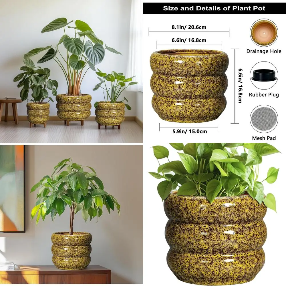 

8 Round Ceramic Plant Pot with Drainage for Indoor & Outdoor Plants, Home Decor, Plant Lover Gift, Yellow