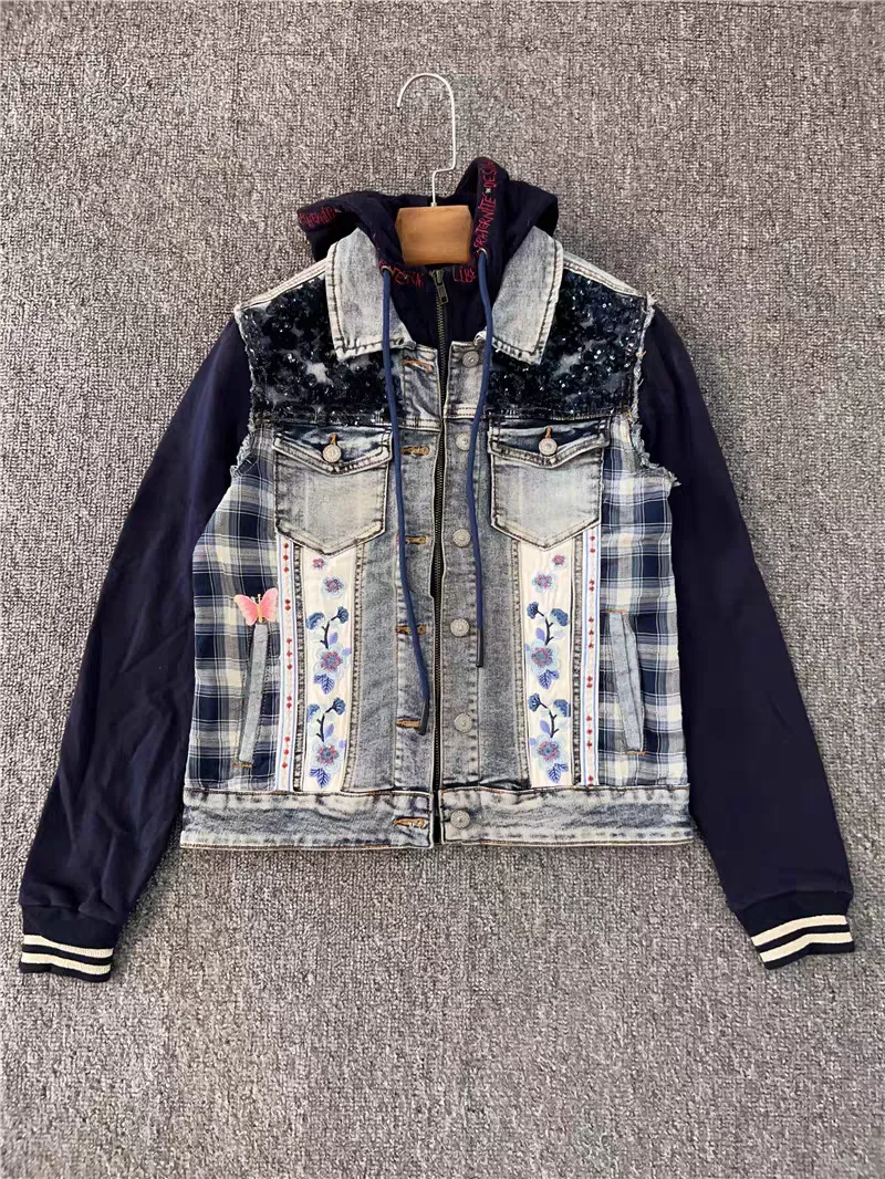 

Foreign trade original single Spanish new fashion patchwork color denim jacket short jacket without hair collar