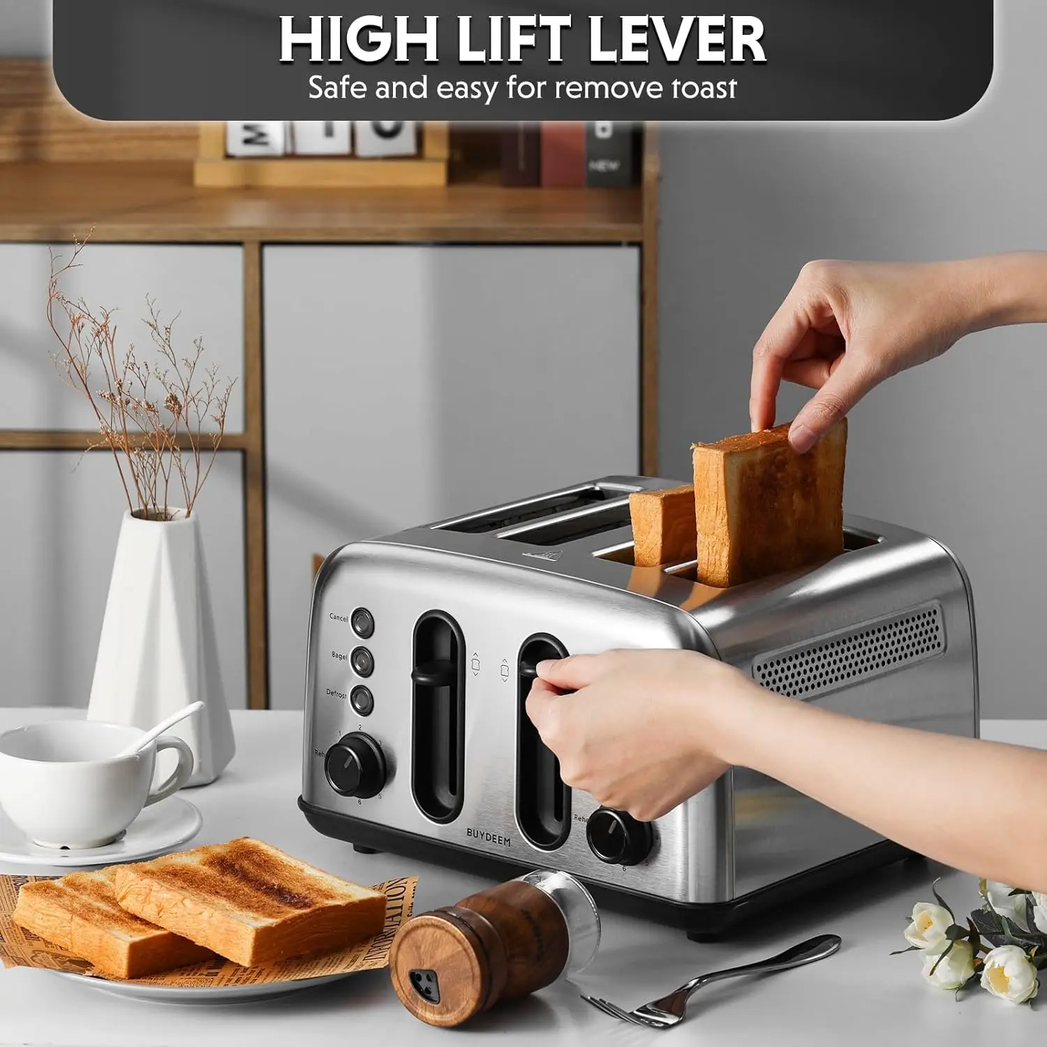 محمصة من الفولاذ المقاوم للصدأ مع 4 شرائح ، فتحات واسعة للغاية للخبز ، الكعك ، رافعة رفع عالية ، 6 إعدادات تظليل ، رف ، dt430